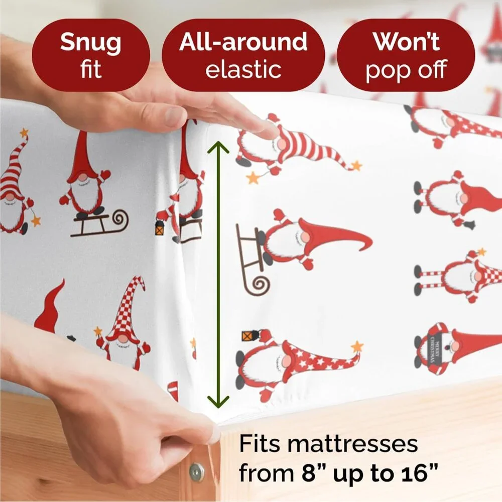 Twin Holiday Gnomes Red Sheet Set - Ultra Soft Christmas Bedding - Wrinkle Free